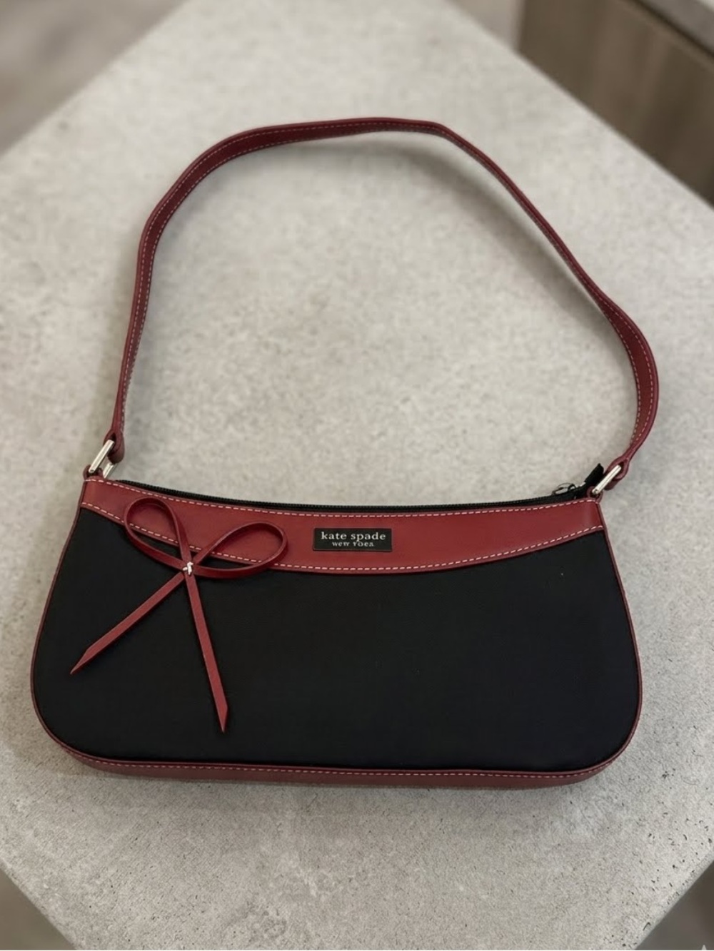 kate spade Vintage Black and Red Shoulder Bag w/ Bow Accent & Gingham interior